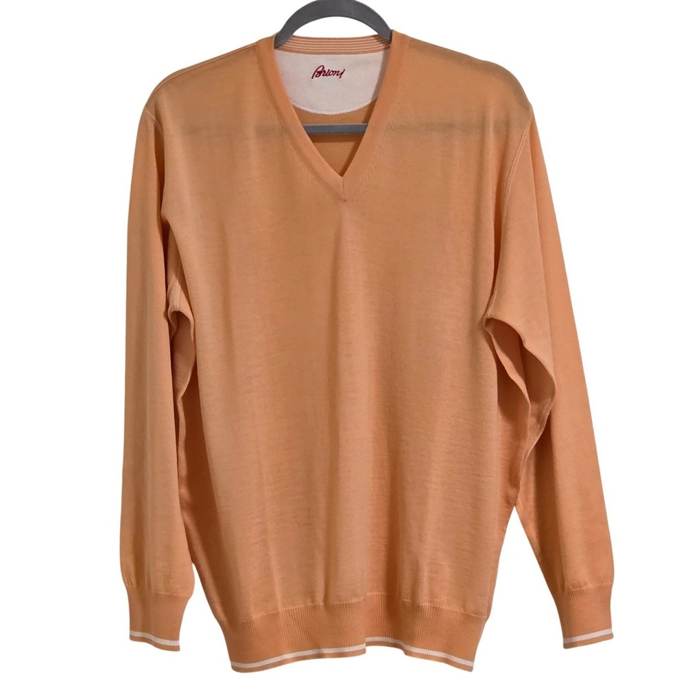 Brioni Mens V-Neck Sweater Men's Medium Peach Orange Wool Silk Blend Italy Read